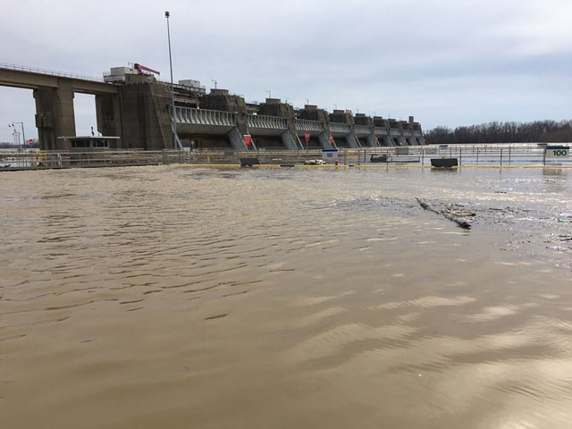 High water at the Newburgh Locks and Dam, located on the Ohio River near Newburgh, Indiana, at MM776.1 below Pittsburgh, Pennsylvania. (Photo courtesy of U.S. Army Corps of Engineers Great Lakes and Ohio River Division)